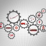 Global logistics concept with transport industry icons over grid